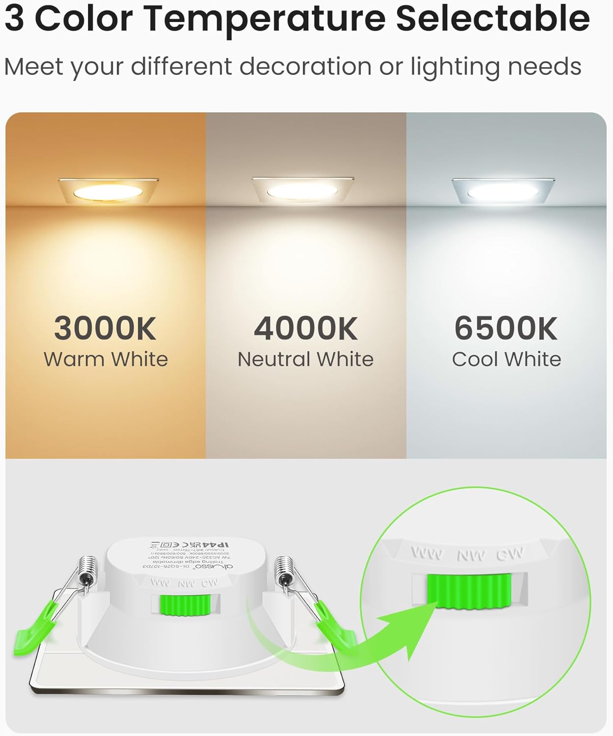 Thumbnail 2 de ALUSSO LED Einbaustrahler 230V eckig dimmbar, 7 W, IP44 (12er-Set) – 3 Farbtemperaturen wählbar, flach 68 mm, Nickel gebürstet