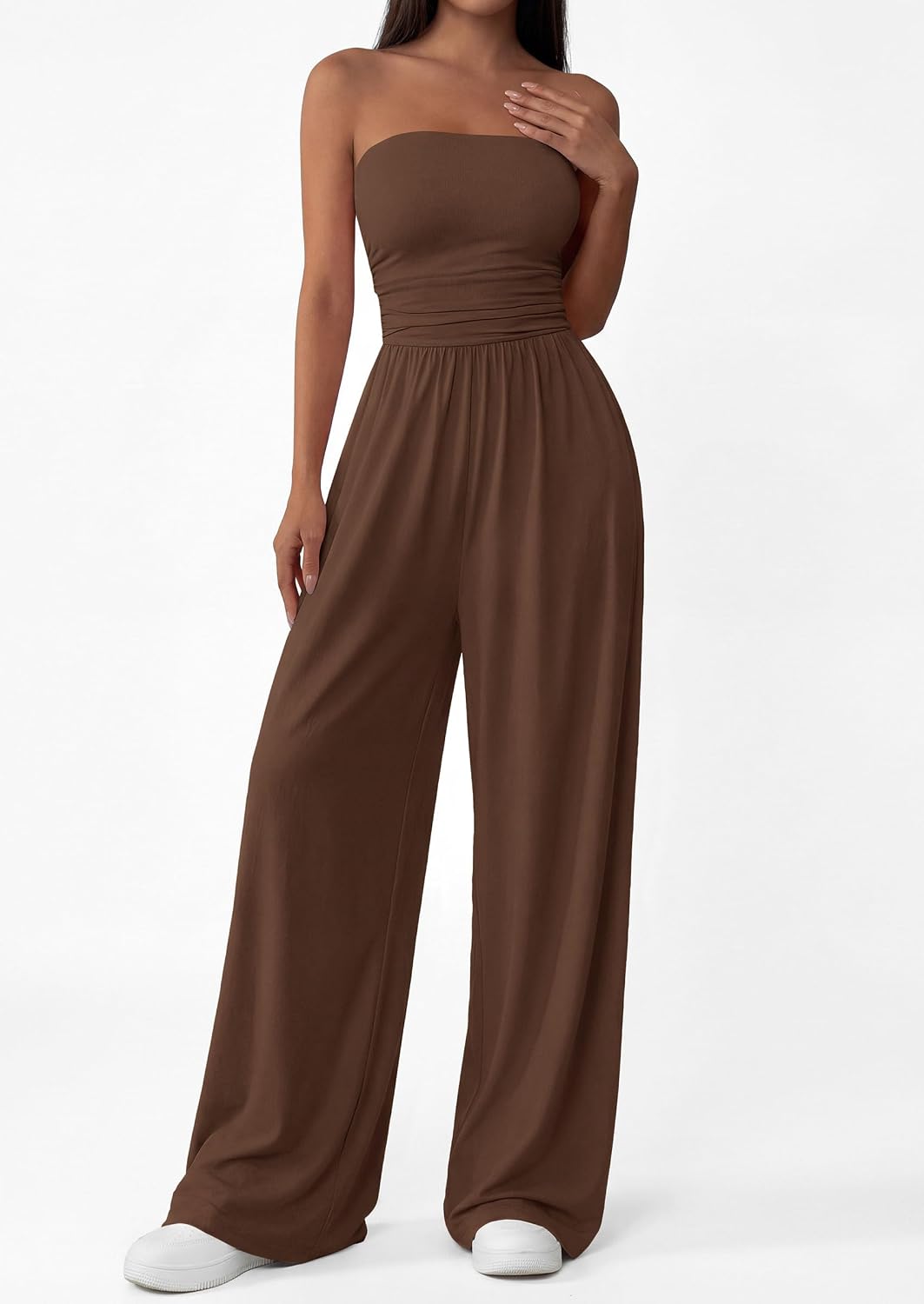 Detalle de PRETTYGARDEN Women's Trendy Strapless Romper (2026) Ruched Tube Top Wide-Leg Jumpsuit