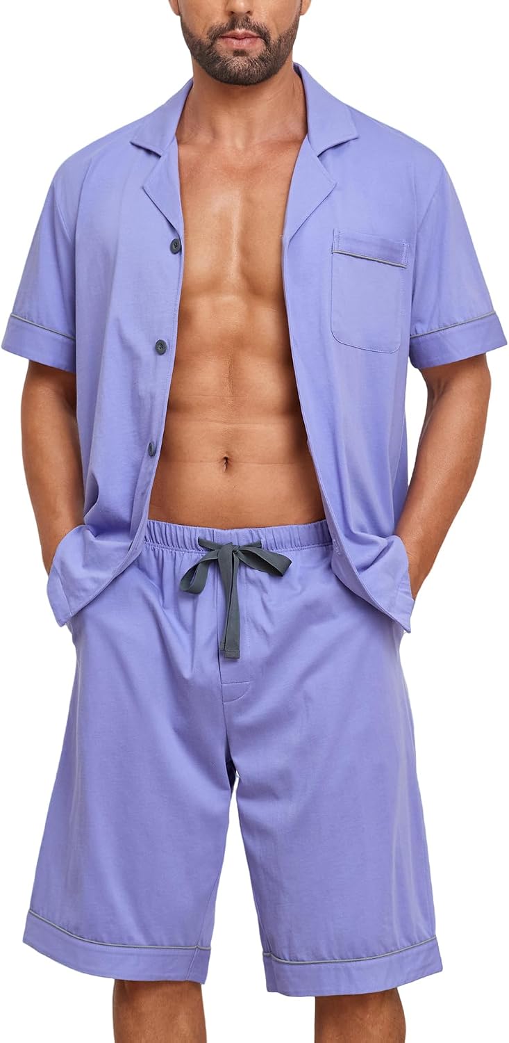 Detalle de COLORFULLEAF Men’s Cotton Pajama Set with Pockets Notched Collar