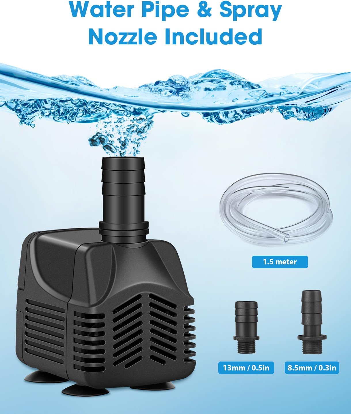 Detalle de Wasserpumpe Klein Tauchpumpe 800 L/h – kompakte Tauchpumpe mit 2,5 m Kabel, 1,5 m Schlauch und zwei Düsen