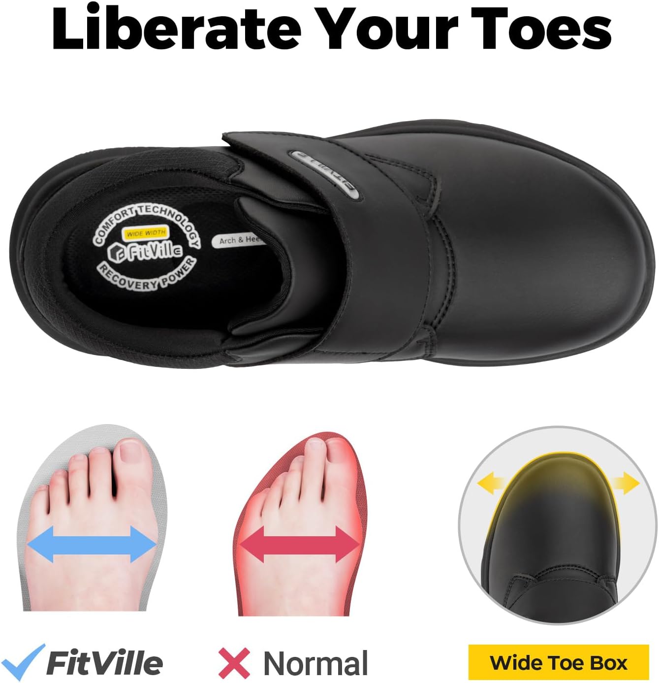 Detalle de FitVille chaussures pour hommes en cuir façon sneaker décontractée pour pieds larges, scratch réglable