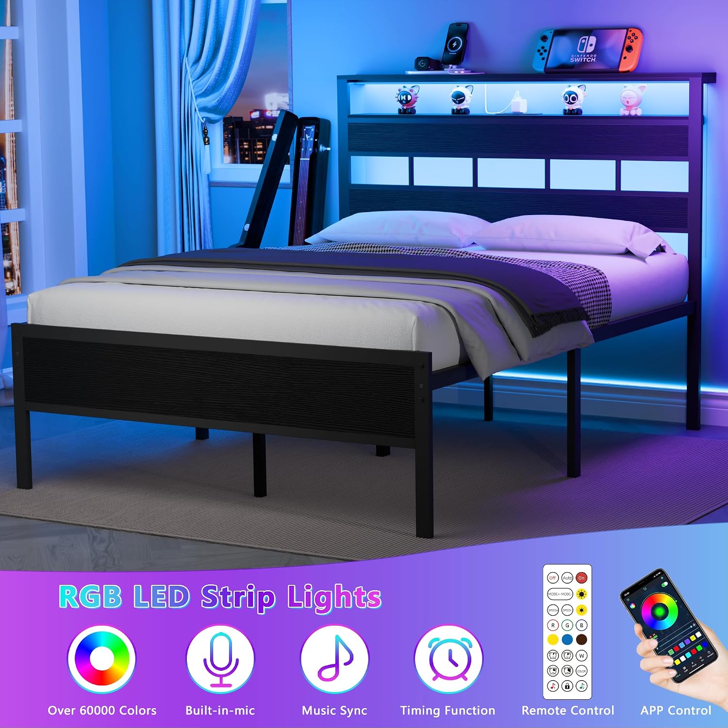 Detalle 2 de Furnulem BF-015-F Full Bed Frame with RGB LEDs and Charging Headboard