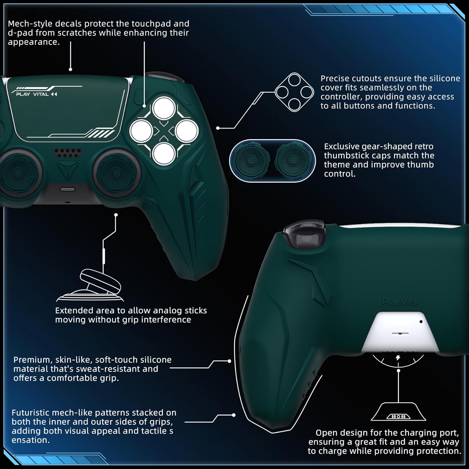 Thumbnail 6 de PlayVital 2 Set Silicone Case for PS5 Controller – Anti-Slip Racing Green