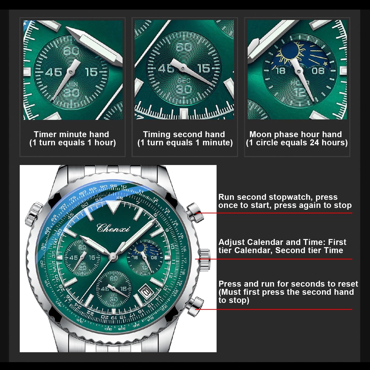 Thumbnail 6 de Tiong Herren Business Chronograph – Edelstahl & Lederarmband mit Mondphase, Sechshänder, wasserdicht und Leuchtziffern