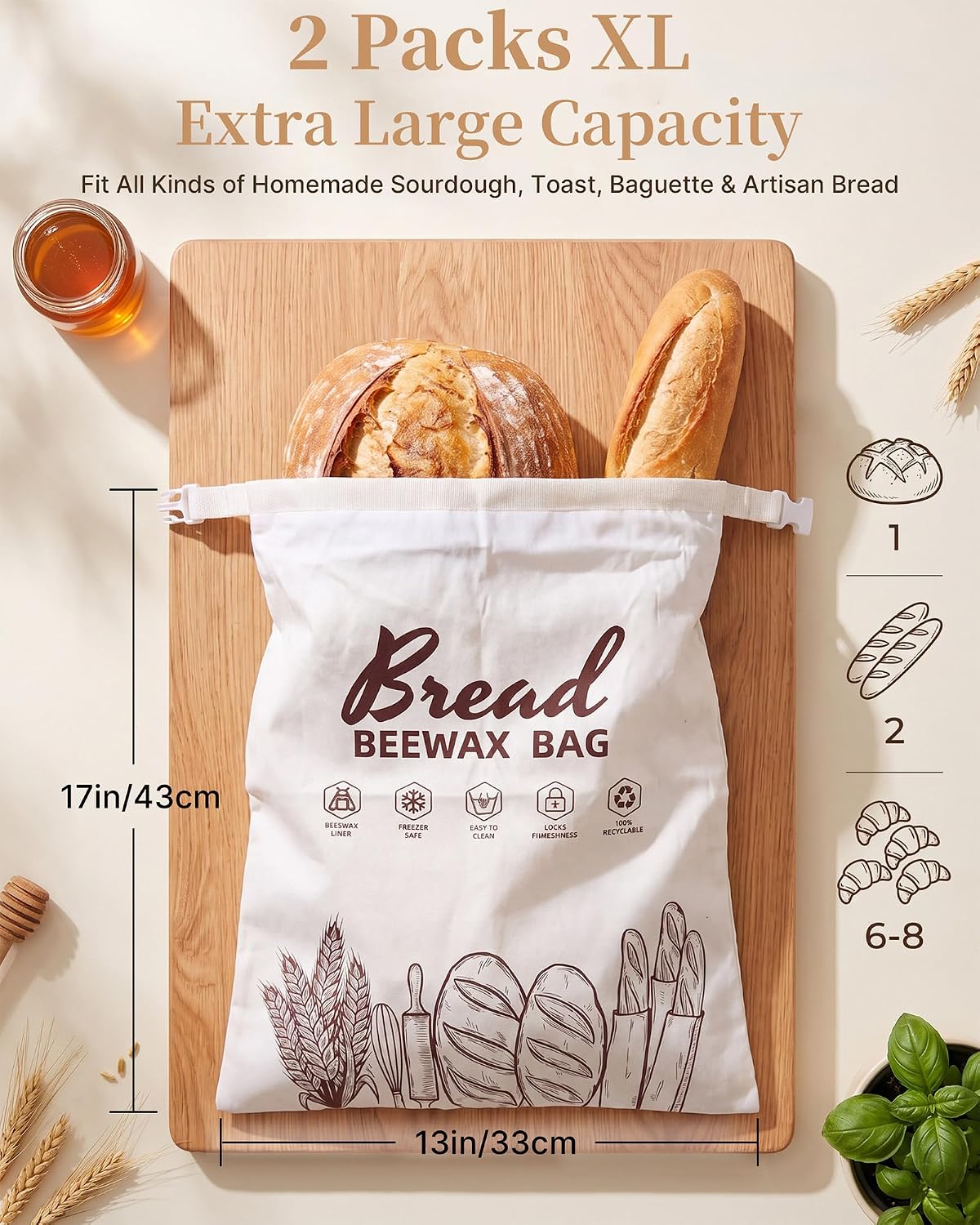 Detalle de Reusable Beeswax Bread Bags, 17 x 12.8 Inch