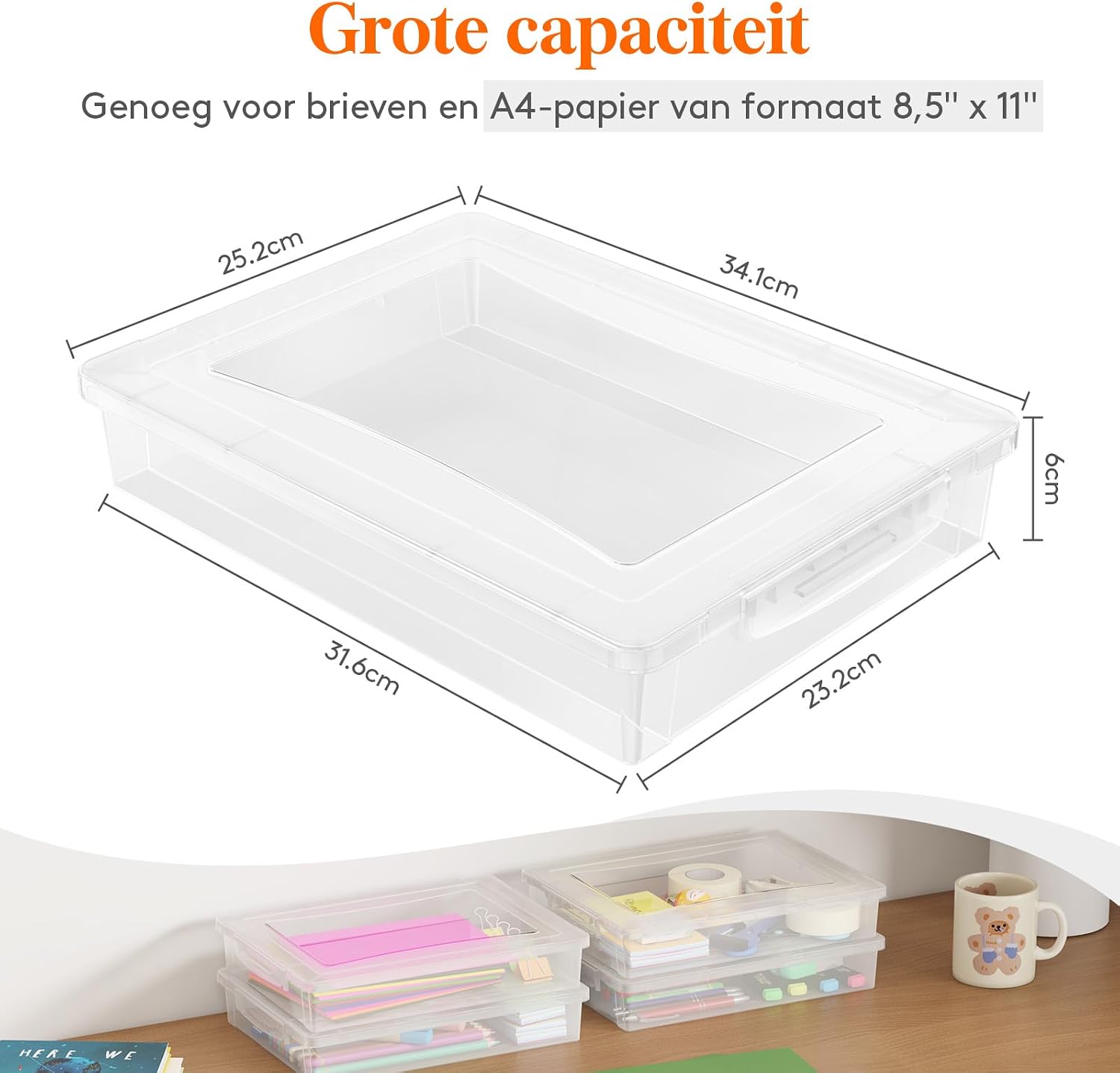 Detalle de Lifewit 23046 opbergdozen voor A4-papier, 6 stuks, stapelbaar en met klikdeksel