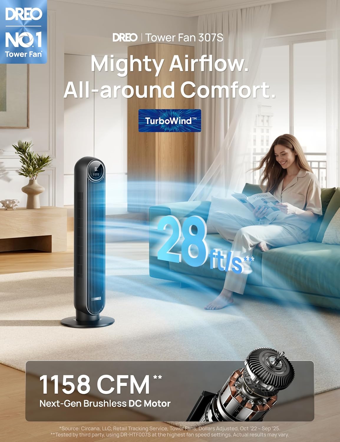 Detalle 2 de DREO 20dB Smart Silent Tower Fan with Remote and App Control