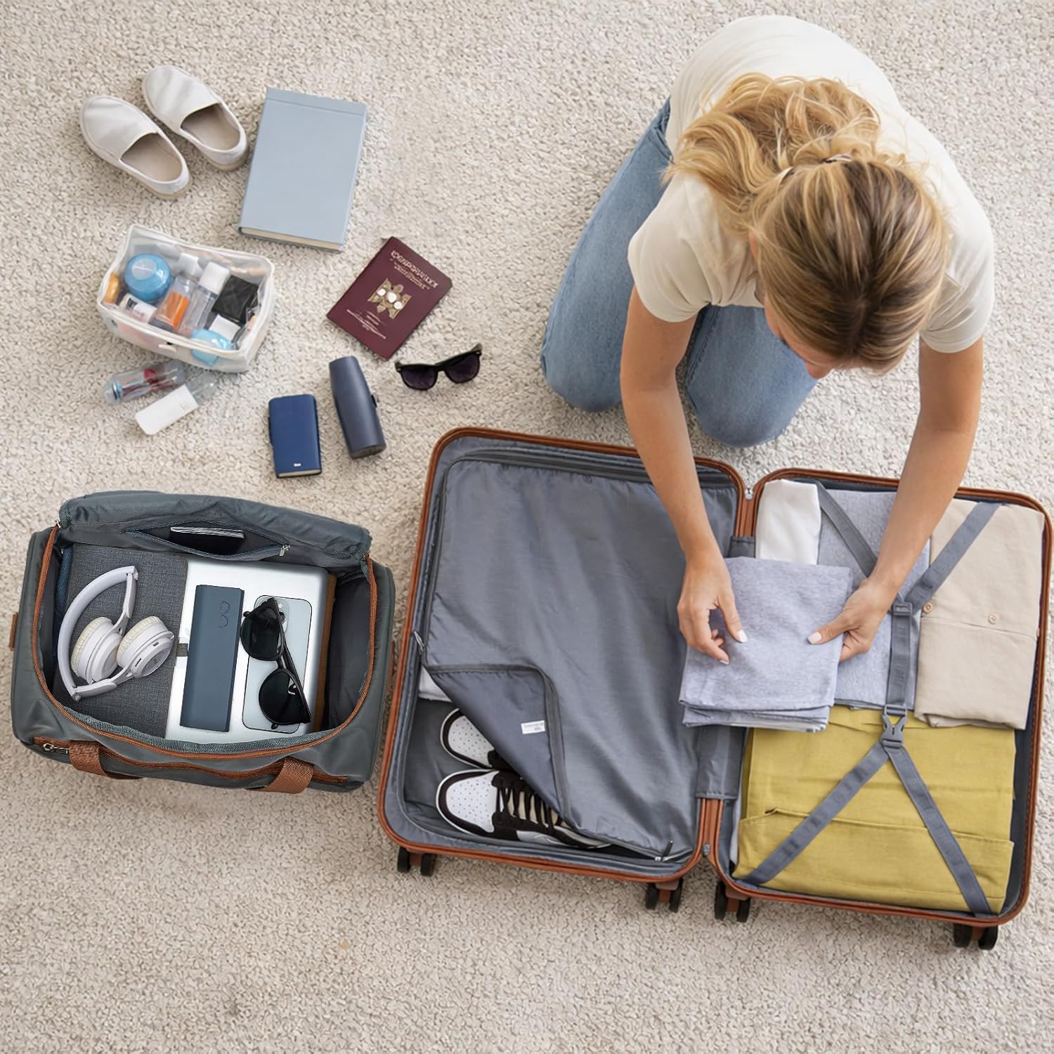 Thumbnail 5 de KONO 55cm Handgepäck-Koffer Trolley Set 2-teilig – Kleiner Koffer + Ryanair Reisetasche, Grau/Braun
