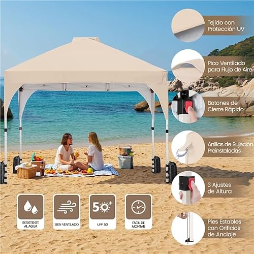 Detalle de Yaheetech Carpa Plegable 3x3m Beige: cenador impermeable para 8-10 personas con ventilación y bolsa con ruedas