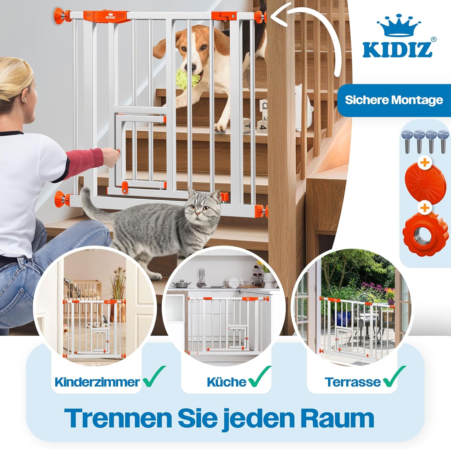Detalle de KIDIZ Absperrgitter zum Klemmen mit Katzenklappe (Türschutzgitter), ohne Bohren – schwenkbar, Weiß/Orange, 81–87 cm