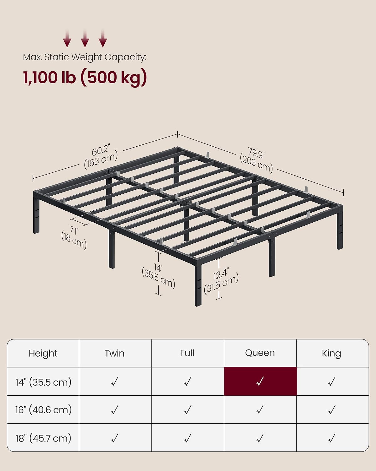 Detalle 2 de VASAGLE Queen Metal Bed Frame, 14 Inches Tall
