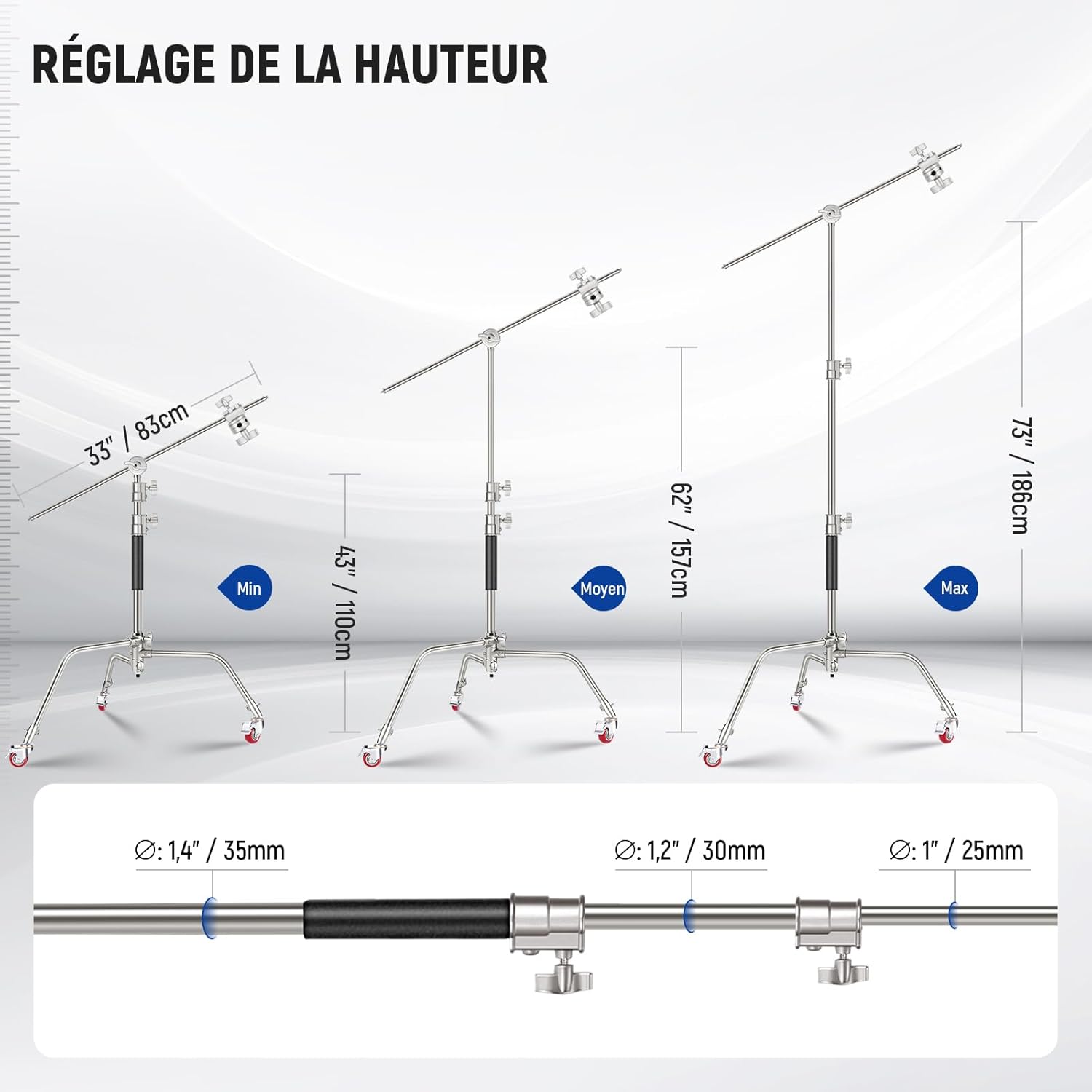 Detalle de NEEWER Support en C inox avec roulettes pivotantes 360° – hauteur 110 à 186 cm et bras de perche 83 cm