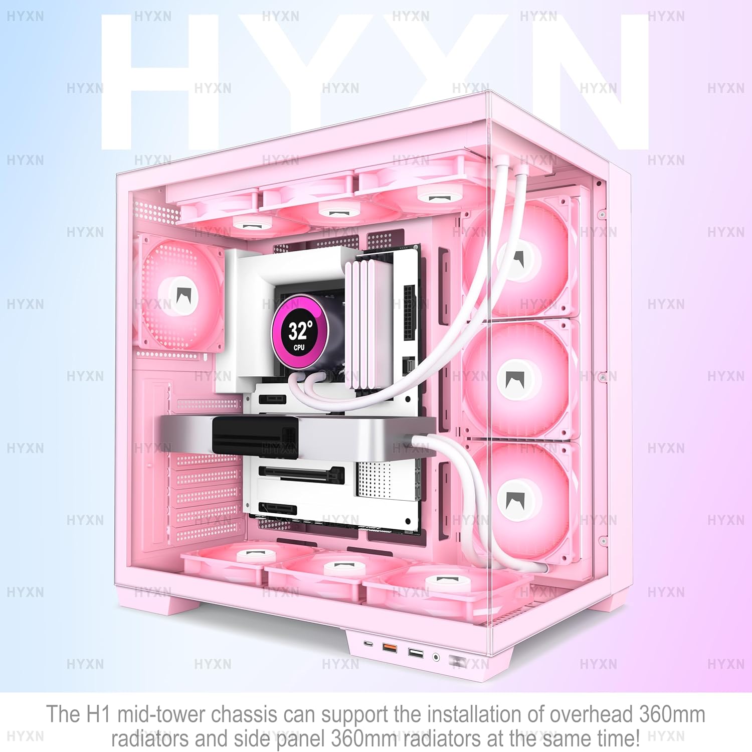 Detalle 2 de HYXN H1 ATX PC-Gehäuse: Vorinstallierte 7 PWM ARGB-Lüfter, Dual-Kammer-Design, Platz für 3x360 mm Radiatoren