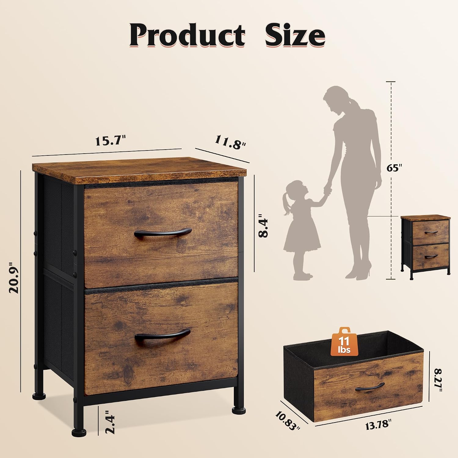 Detalle de WLIVE Night Stand with 2 Drawers