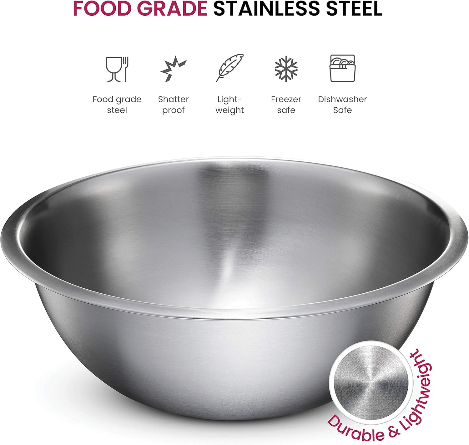 Detalle de FineDine Stainless Steel Mixing Bowls Set, 6-Piece (½–5 qt) – Nesting, Dishwasher Safe