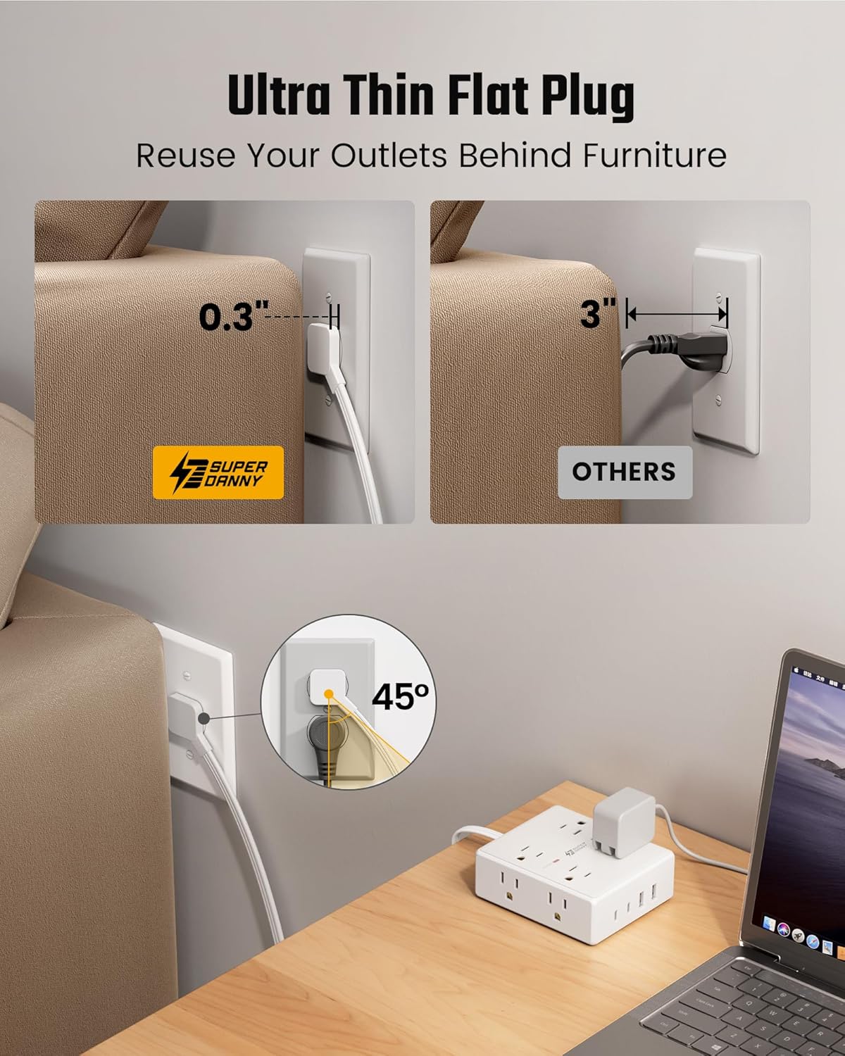 Detalle 2 de 10ft Power Strip Surge Protector with 8 Outlets & 4 USB ๐