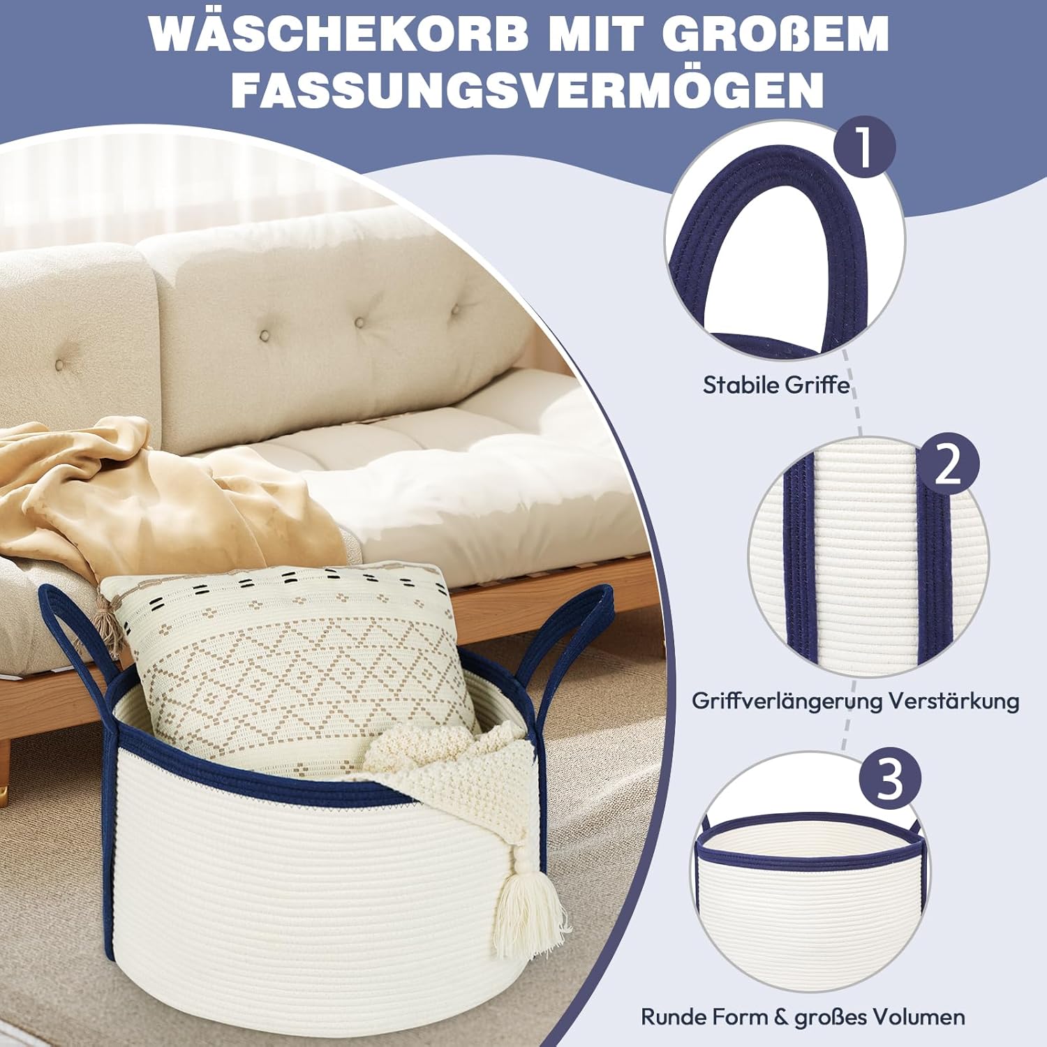 Thumbnail 1 de Danpinera 64L Large Cotton Laundry Basket with Handles – Round Woven Storage for Bedroom, Nursery and Living Spaces