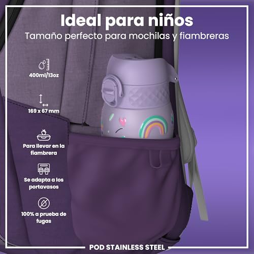 Thumbnail 1 de ion8 Botella Agua Inox Ligero para Niños 400 ml, Unicornio Púrpura – Sin Aislamiento y a prueba de fugas