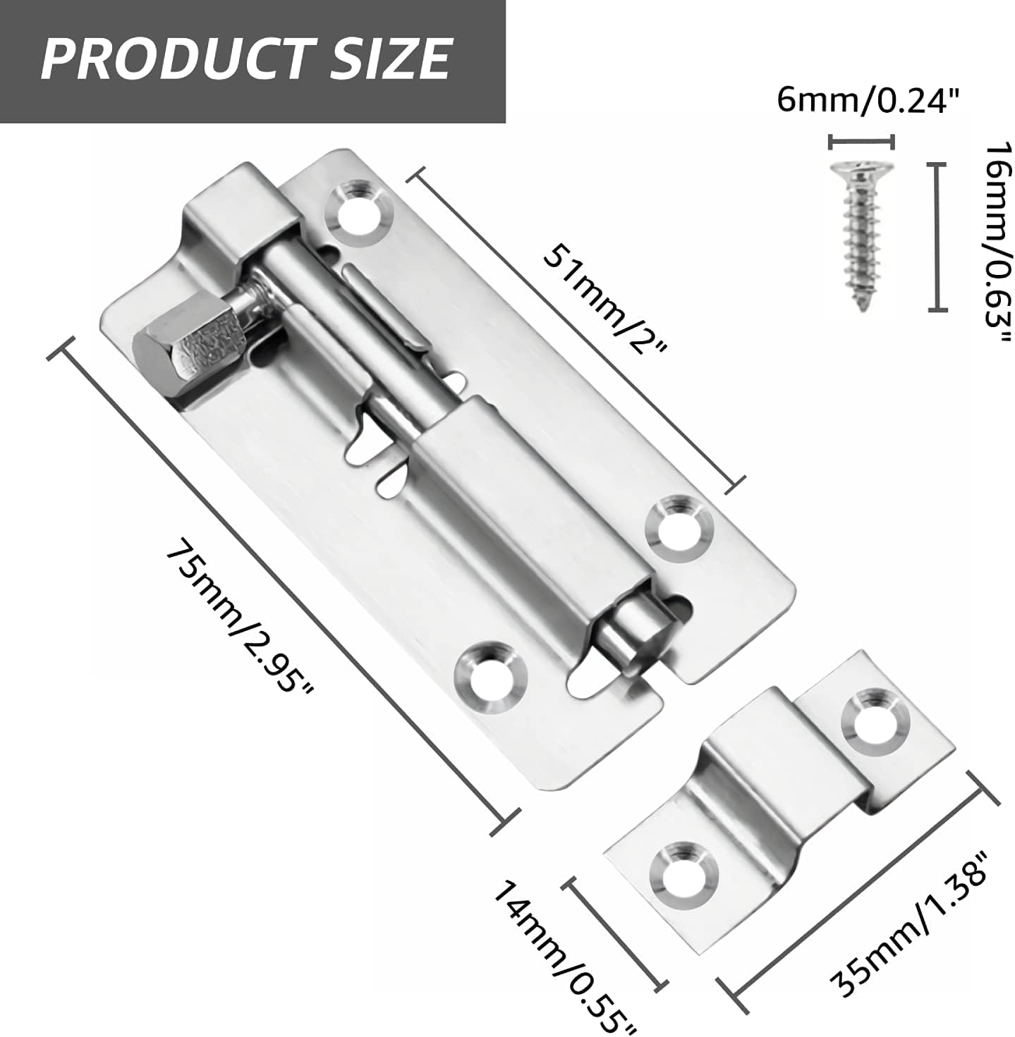 Detalle 2 de JelKen 2 Pack Door Lock Bolts 3"(75mm), 304 Stainless Steel Door Latch Slide Bolts Lock with Screws for Bathroom Bedroom Shed Garden Toilet, 3 Inch
JelKen 2 Pack Door Lock Bolts 3"(75mm), 304 Stain…
