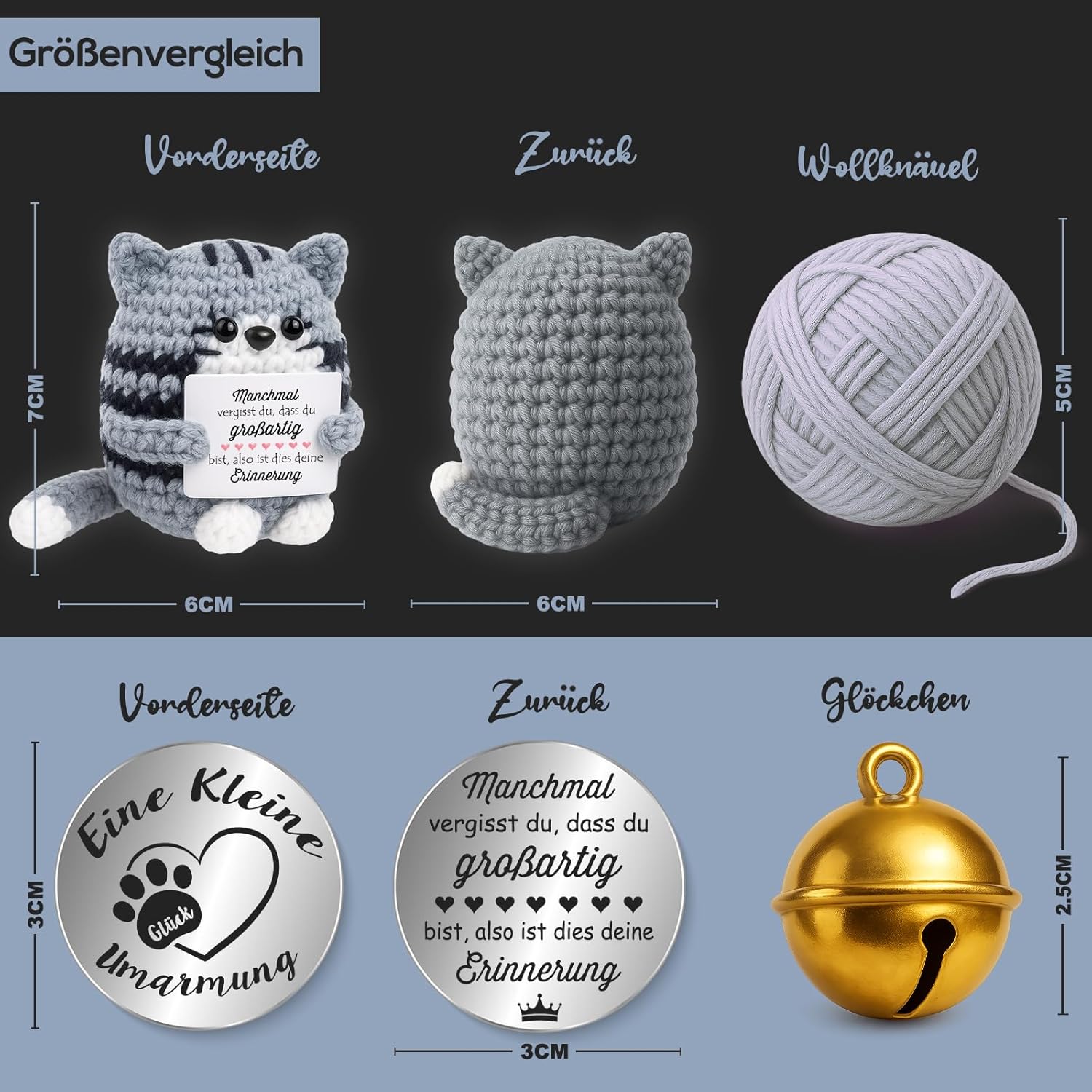 Thumbnail 1 de Tixlux Pocket Hug Positive Katze – handgemachte Strickfigur mit Glücksbringer, kleines Mutmacher-Geschenk