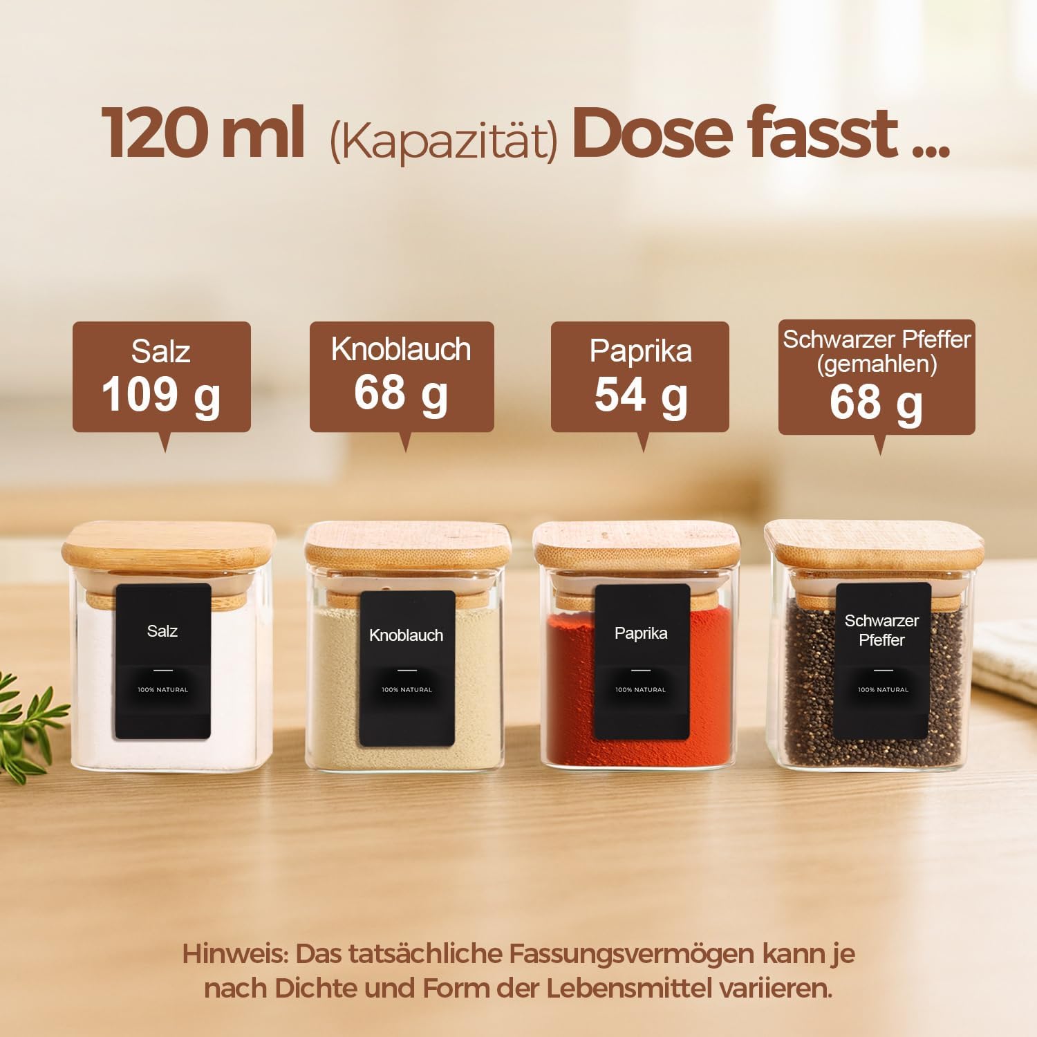 Detalle de ComSaf kryddburkar 120 ml, 12-pack med fyrkantig form och bambulock