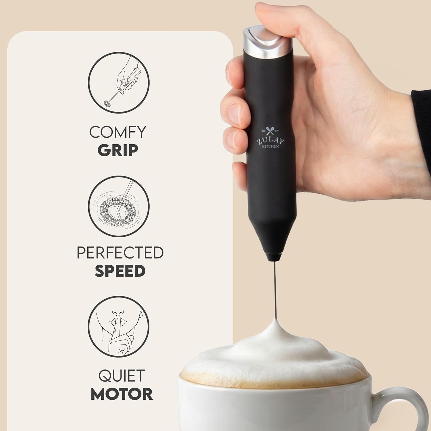 Detalle de Zulay Kitchen Powerful Frother Wand AA Batteries Included — Ultra Fast Handheld Milk Frother (Frothmate 2.0)