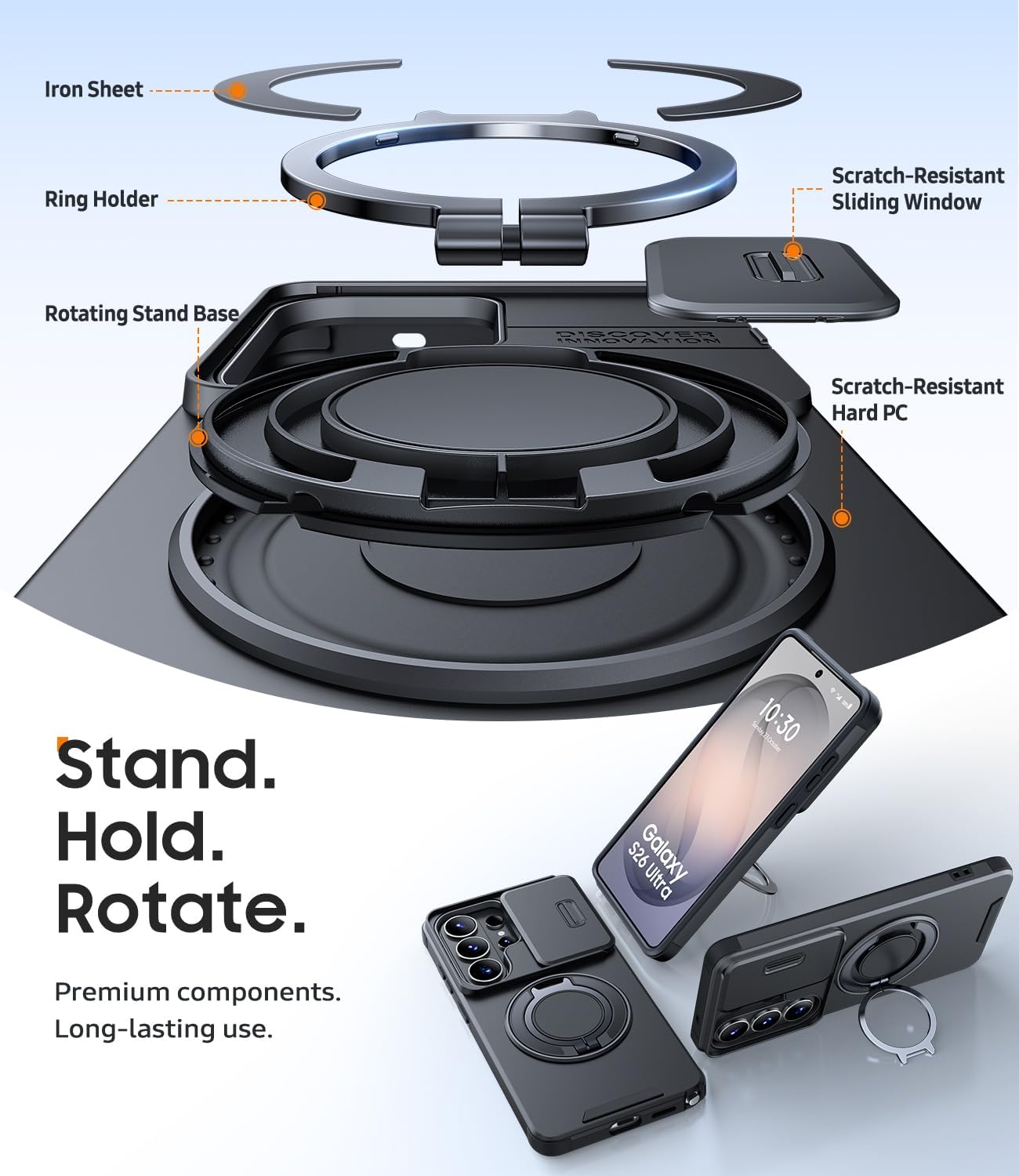 Thumbnail 6 de JAME for Samsung Galaxy S26 Ultra Case with 360° Ring Stand, Slide Camera Cover & Tempered Glass Protector (Black)