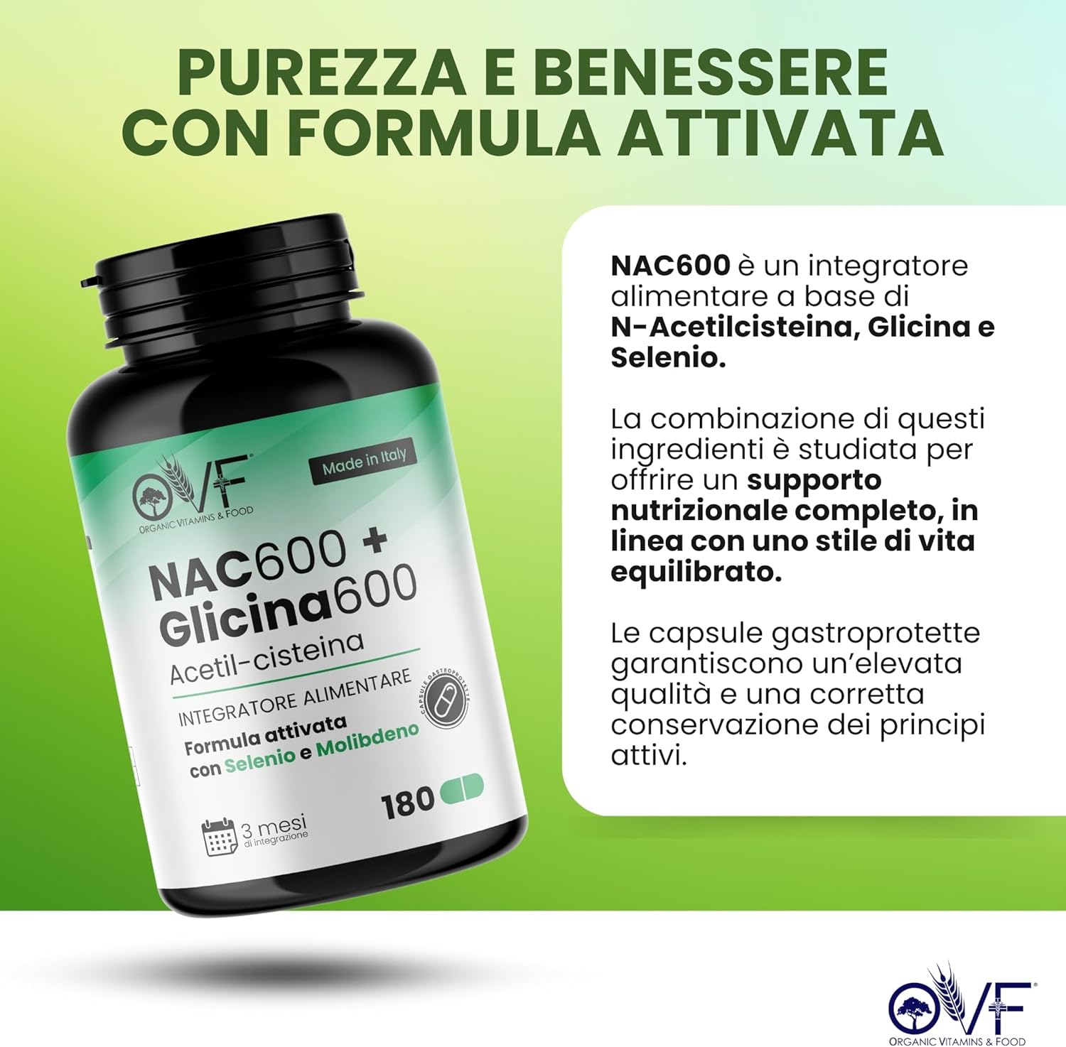 Thumbnail 2 de OVF NAC 600: N-acetilcisteina alta purezza con glicina e selenio per il benessere quotidiano