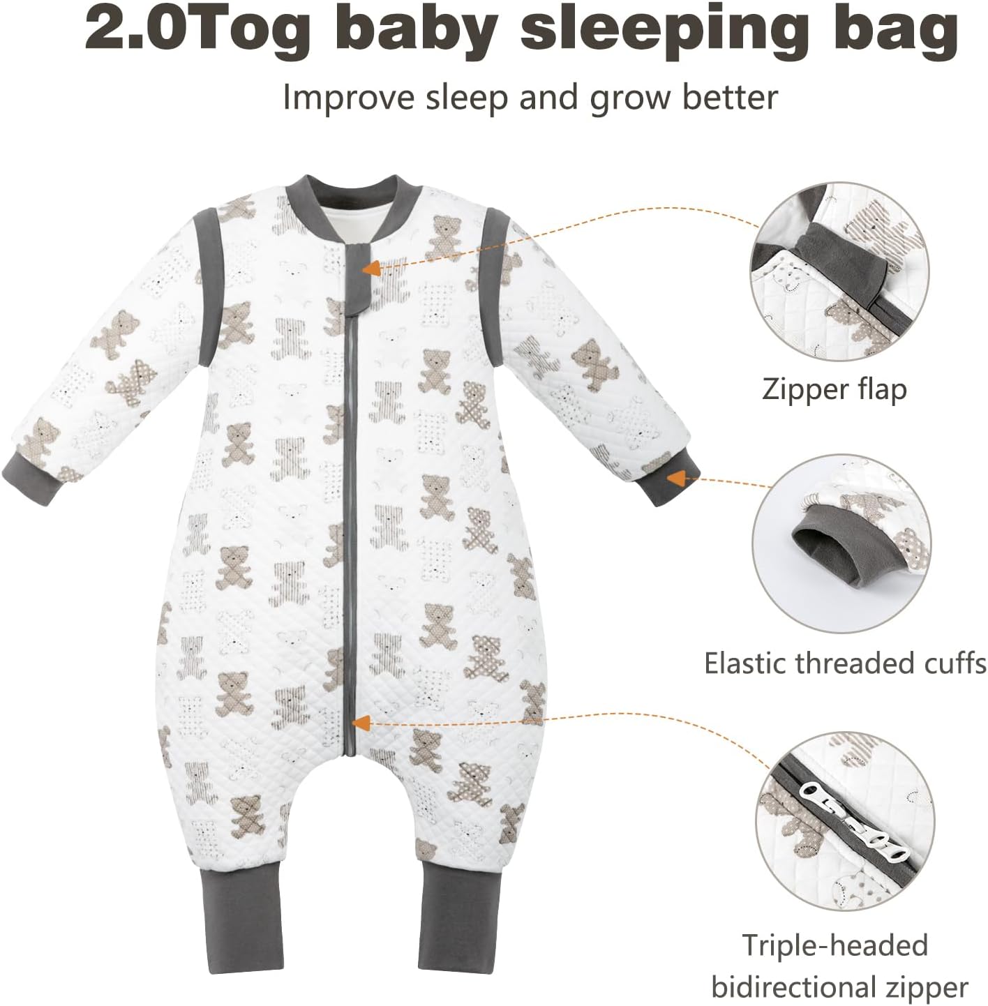 Detalle de MIKAFEN Baby Sleeping Bag with Feet 2.0 Tog – Cotton All-Year with Removable Sleeves and Legs (Bear, 4-5 years)