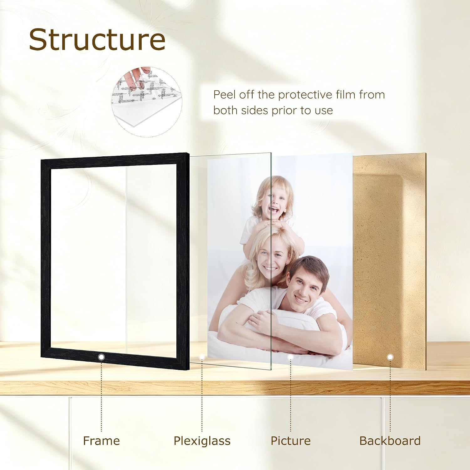 Detalle de Wiscet 8x10 Picture Frame Set of 16 — Black Woodgrain, HD Plexiglass