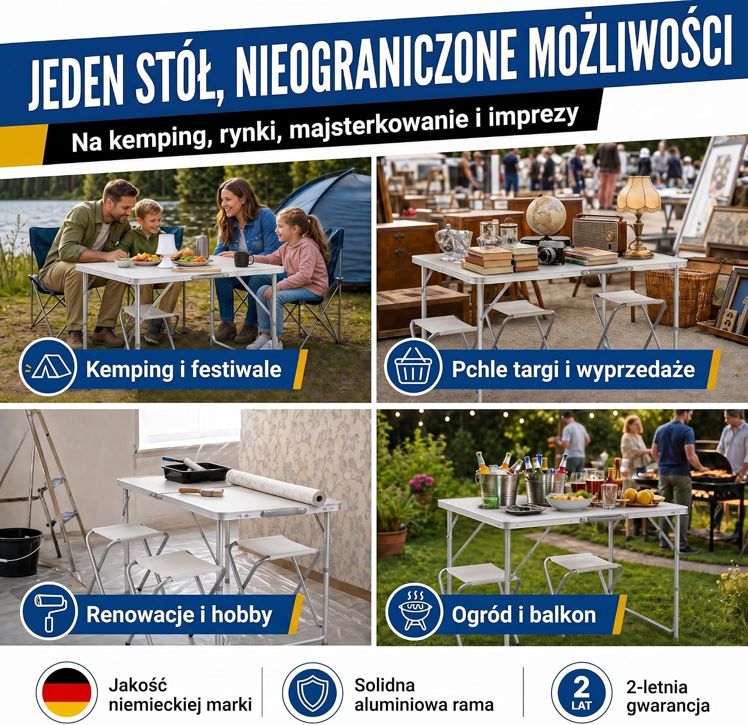 Detalle de GOODS+GADGETS 3169011 – aluminiowy stół kempingowy 120 × 60 cm z 4 taboretami