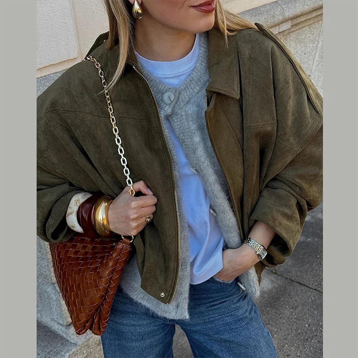 Detalle de Csvinkiko Faux Suede Bomber Jacket Oversized