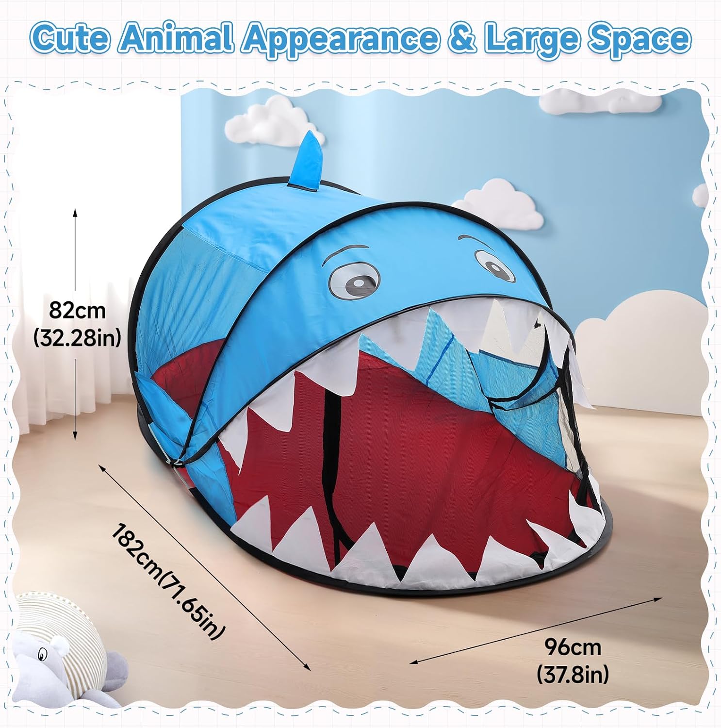 Detalle de BTGGG Kids Pop Up Tent (Blue Shark) – foldable play tent for toddlers 2–4 years, indoor & outdoor