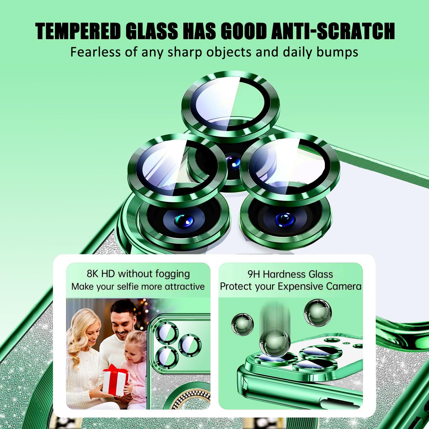 Detalle de Misscase for iPhone 17 Pro Max Magnetic Glitter Case with Camera Lens Protector – Green
