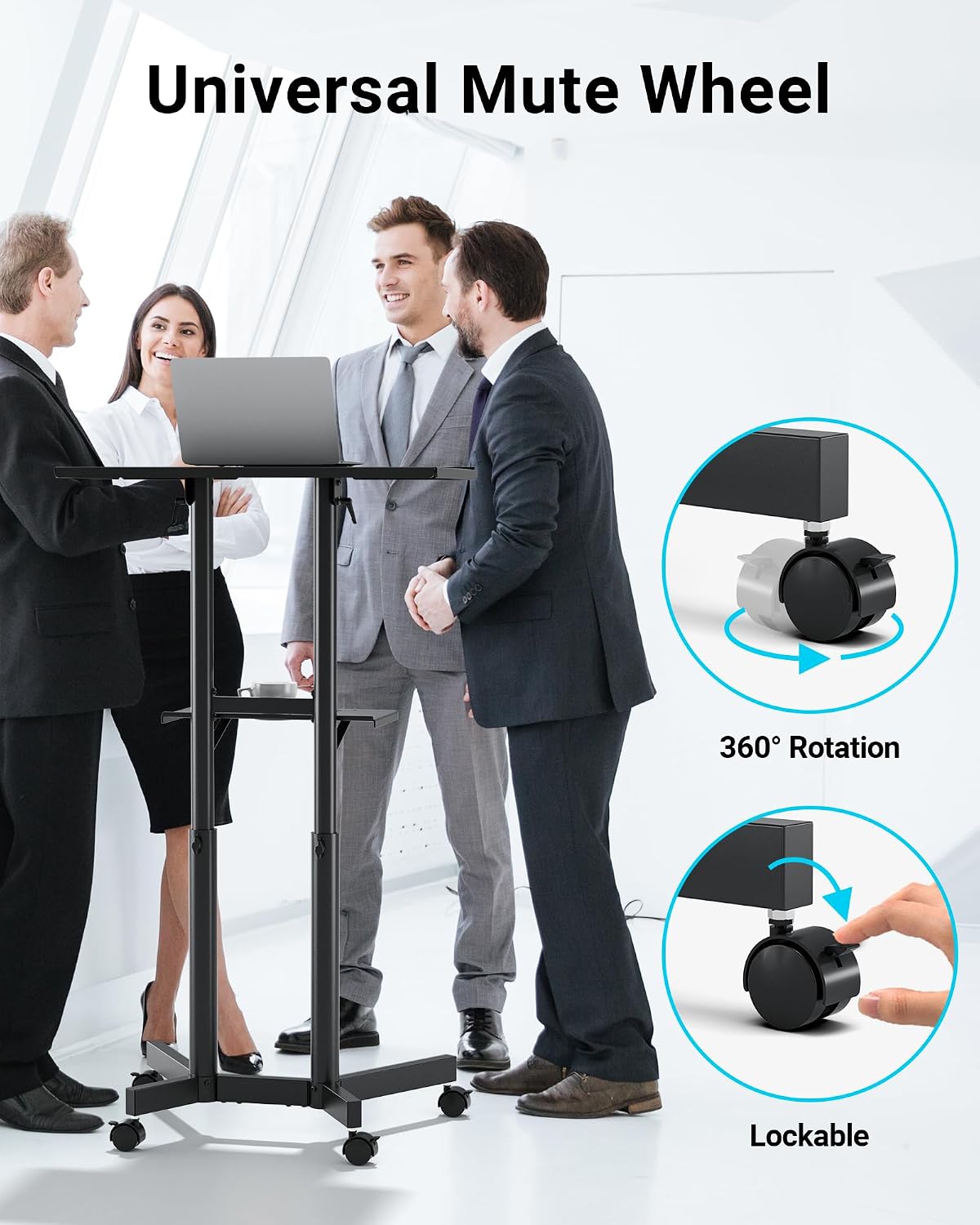 Thumbnail 4 de BONTEC Adjustable Mobile Laptop Desk with Wheels (60x40 cm) – Rolling Stand-Up Workstation
