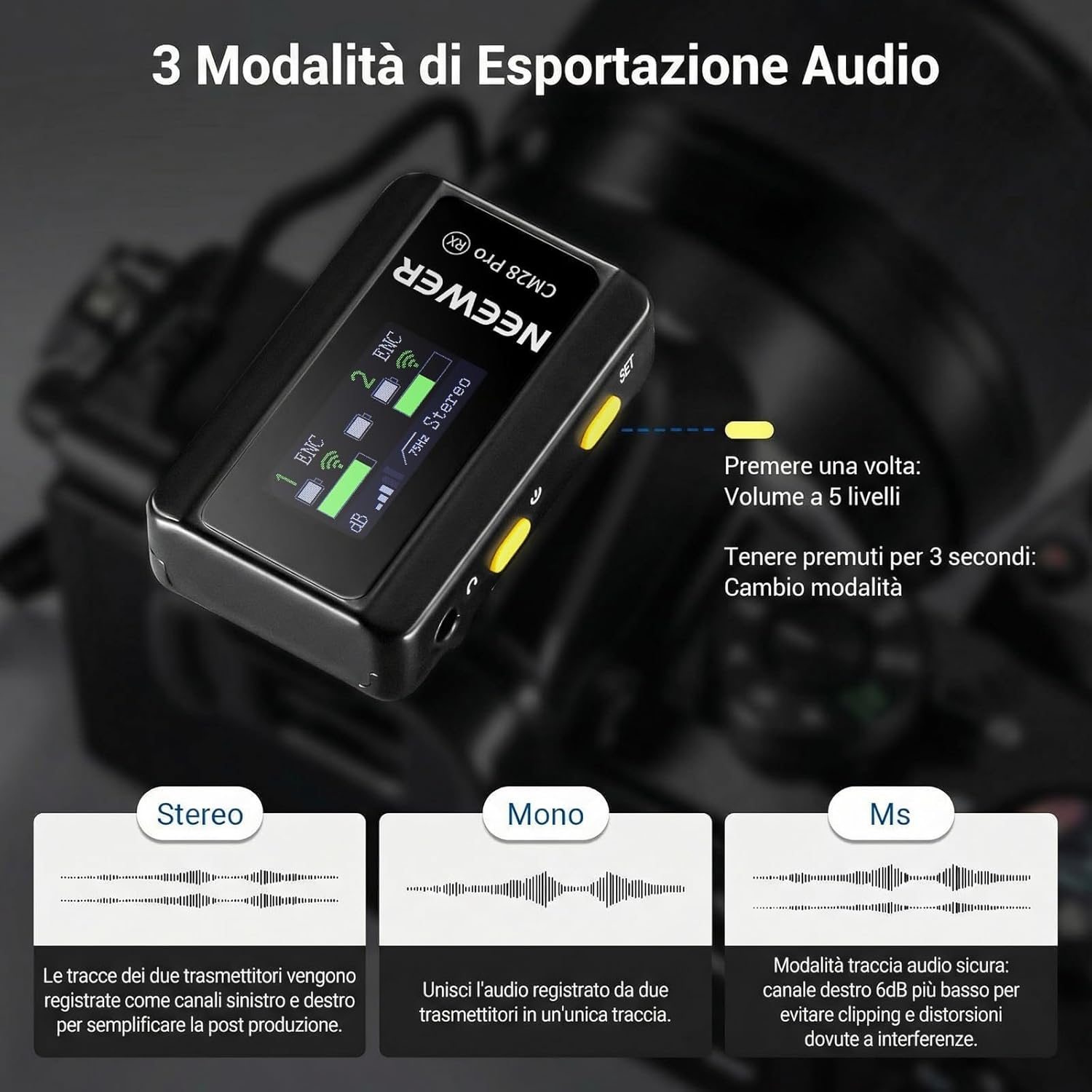 Detalle de NEEWER CM28 PRO microfono lavalier wireless con custodia e ricarica, 4 GB, autonomia 9 ore