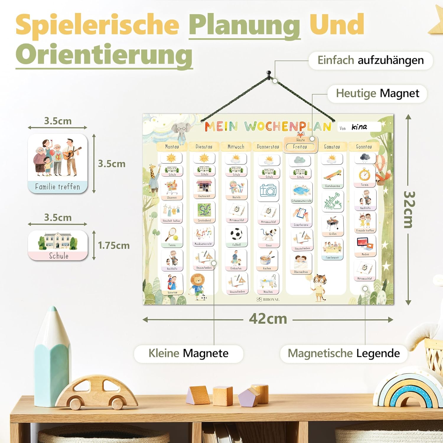 Thumbnail 2 de BIROYAL Wochenplaner für Kinder – Montessori Magnettafel mit 186 Magneten, beschreibbar und abwischbar