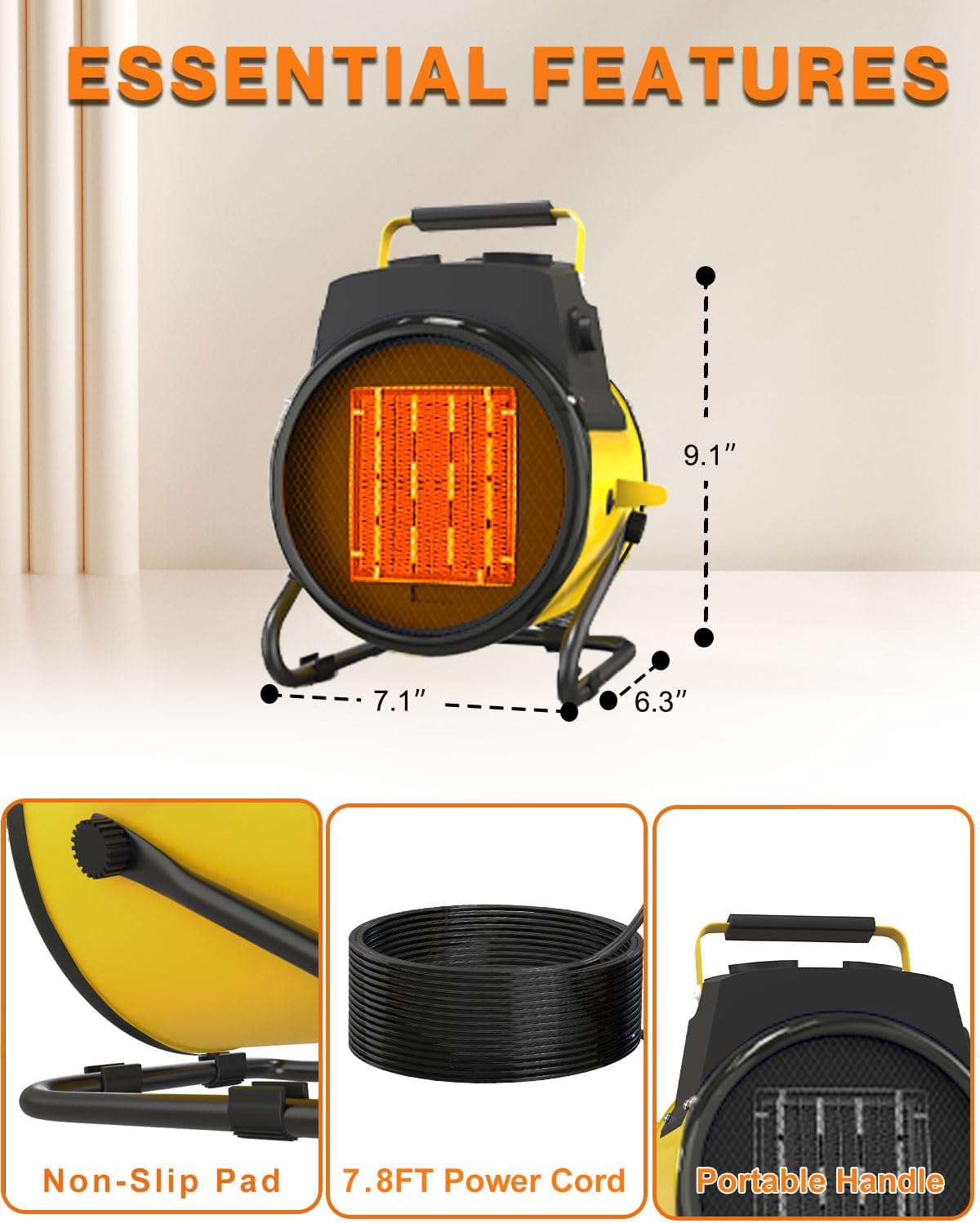 Detalle 2 de Buyplus BGP1506-150-17 Portable Electric Heater, 1500W, 3 Modes, Yellow