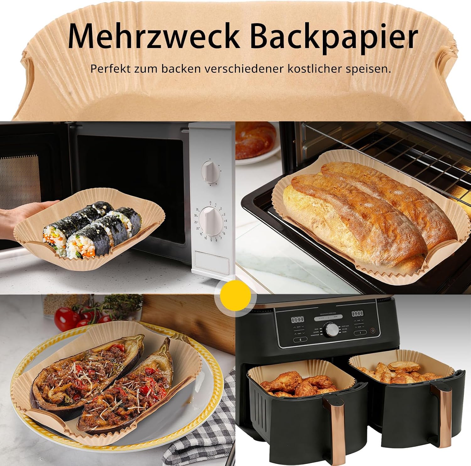 Thumbnail 6 de 150 Stück Backpapier für Heißluftfritteuse Ninja Dual (AF300EU/AF400EU, 20,5 x 14 cm) – Einweg-Pergamentliner