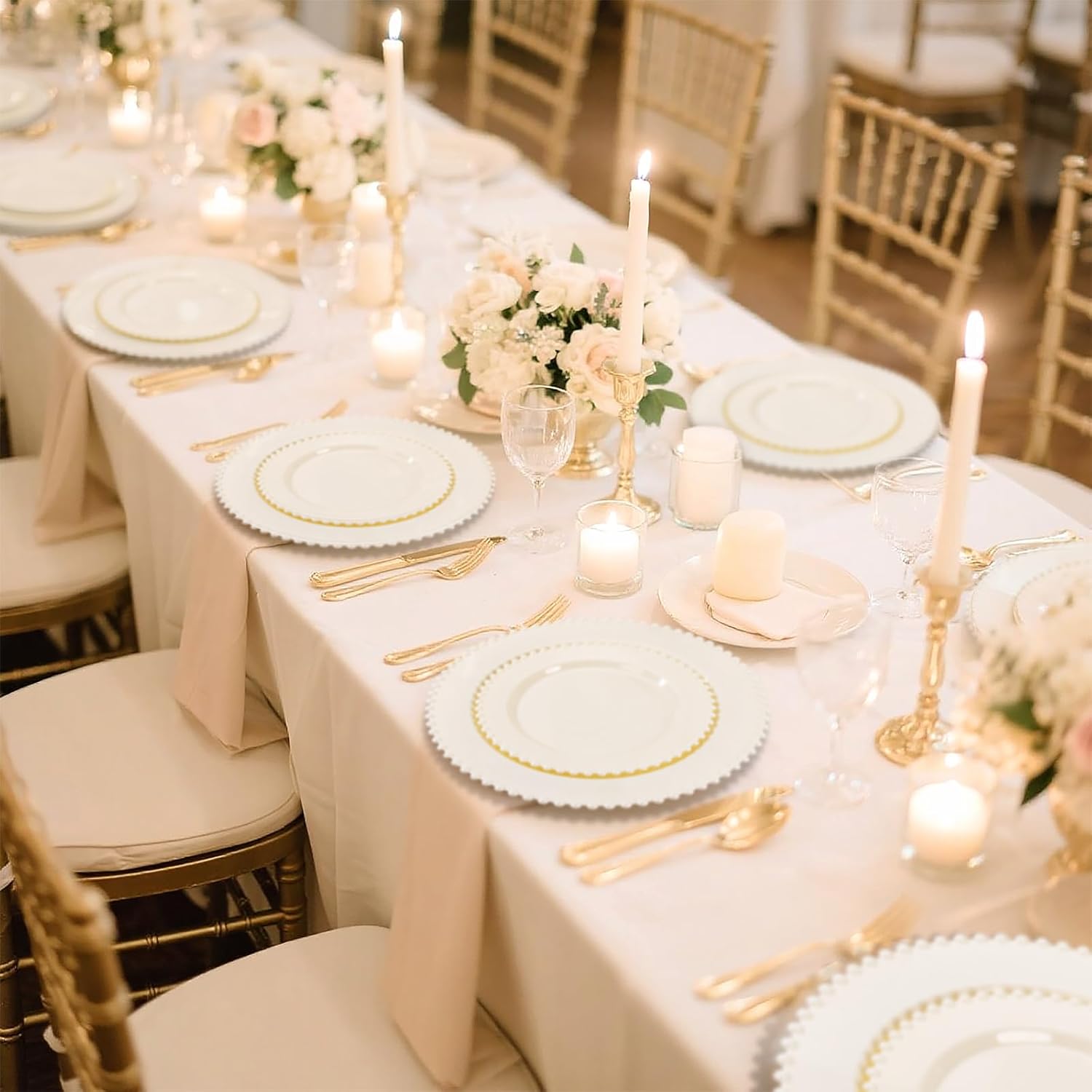 Detalle de U-QE 60PCS Ivory Beaded Plastic Plates - 30 Dinner (10in) + 30 Dessert (7in) Set