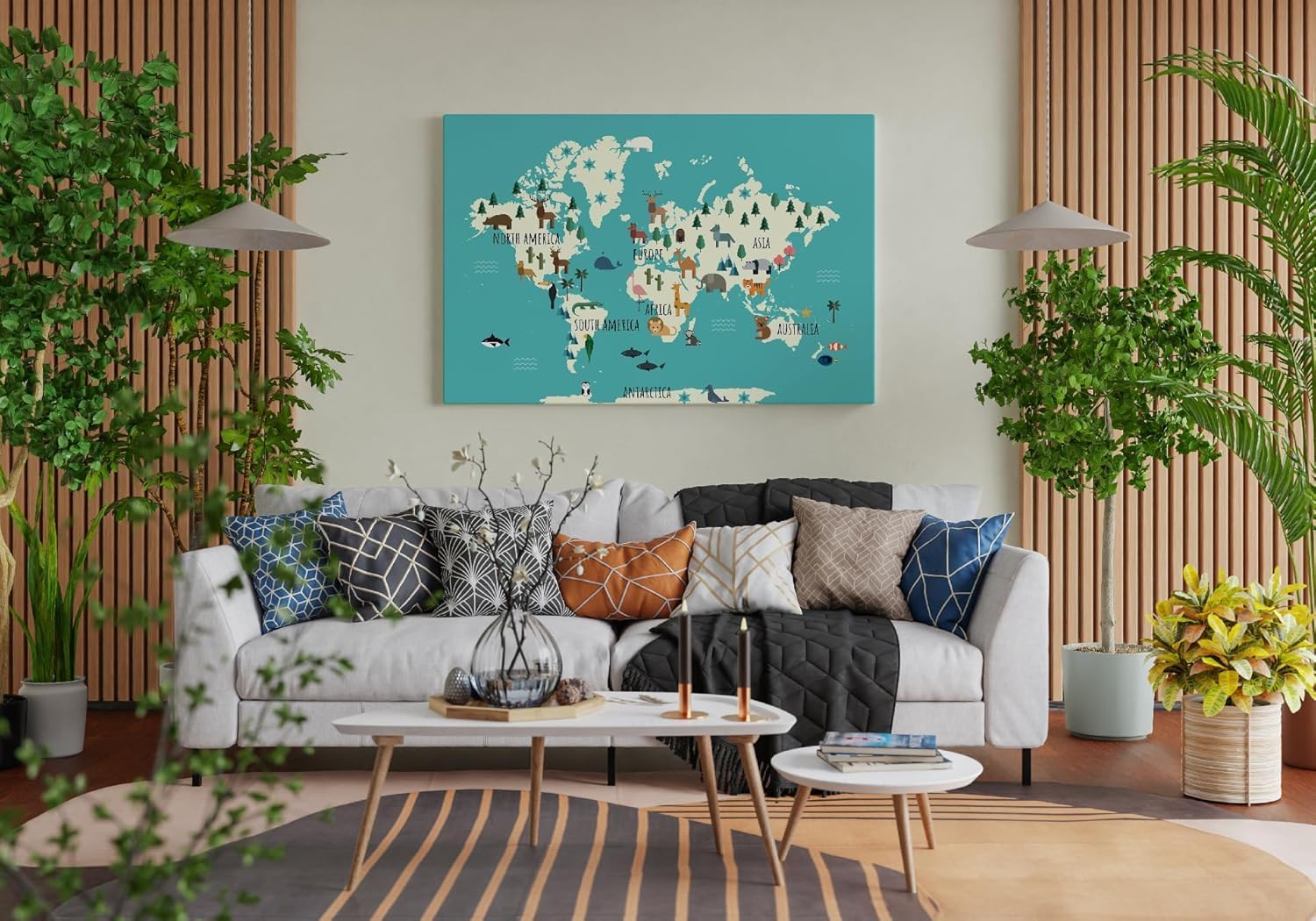 Detalle de framed concept världskarta i kork på duk, 60 × 40 cm med 50 guldfärgade nålar