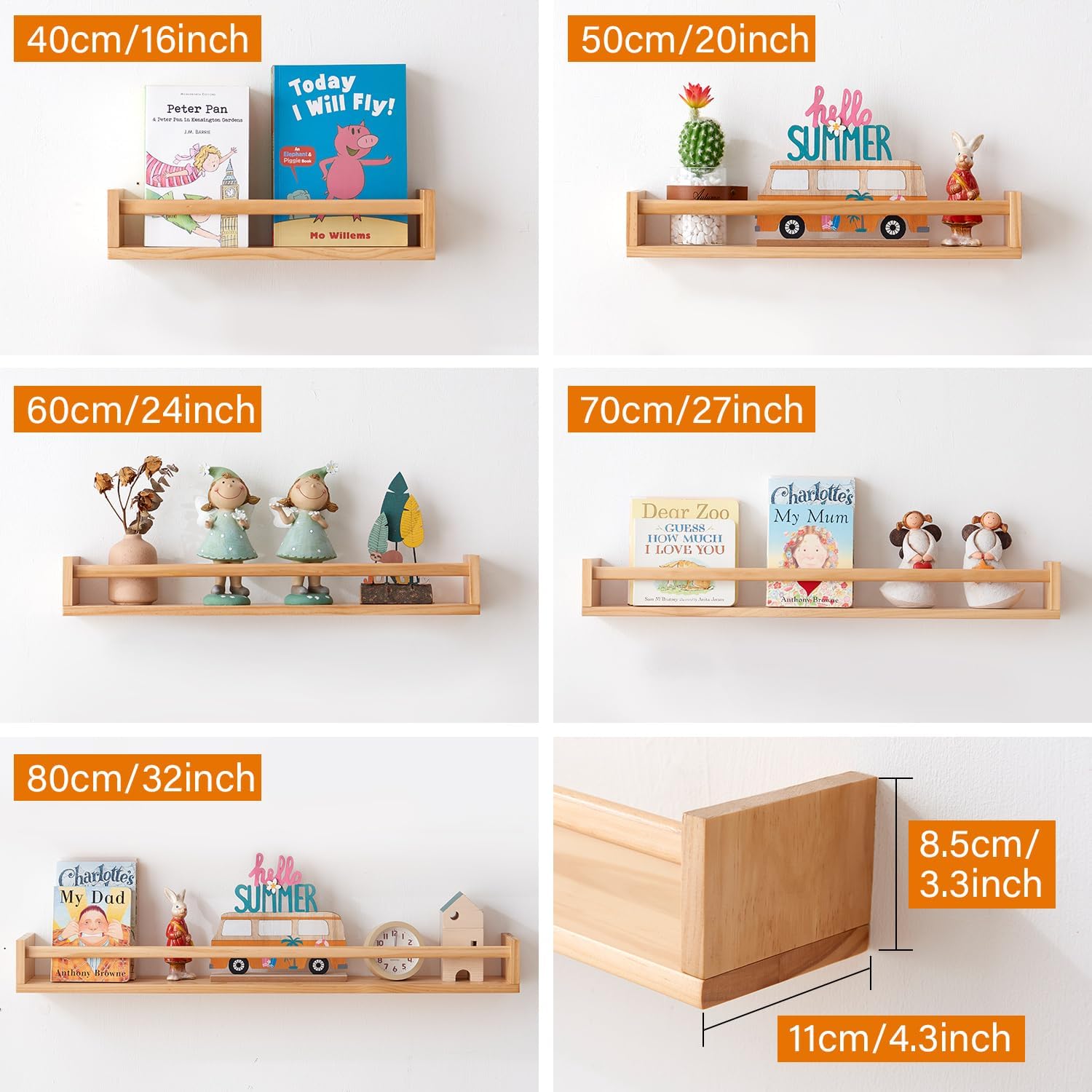Detalle de OAKERLAND 2PC Wooden Floating Nursery Bookshelf – 80cm Solid Pine Wall Shelves for Storybooks