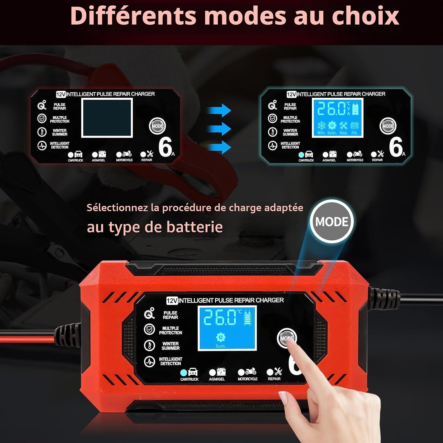 Detalle de YIIFELL 12V 6A slimme acculader voor auto en motorfiets met lcd-display