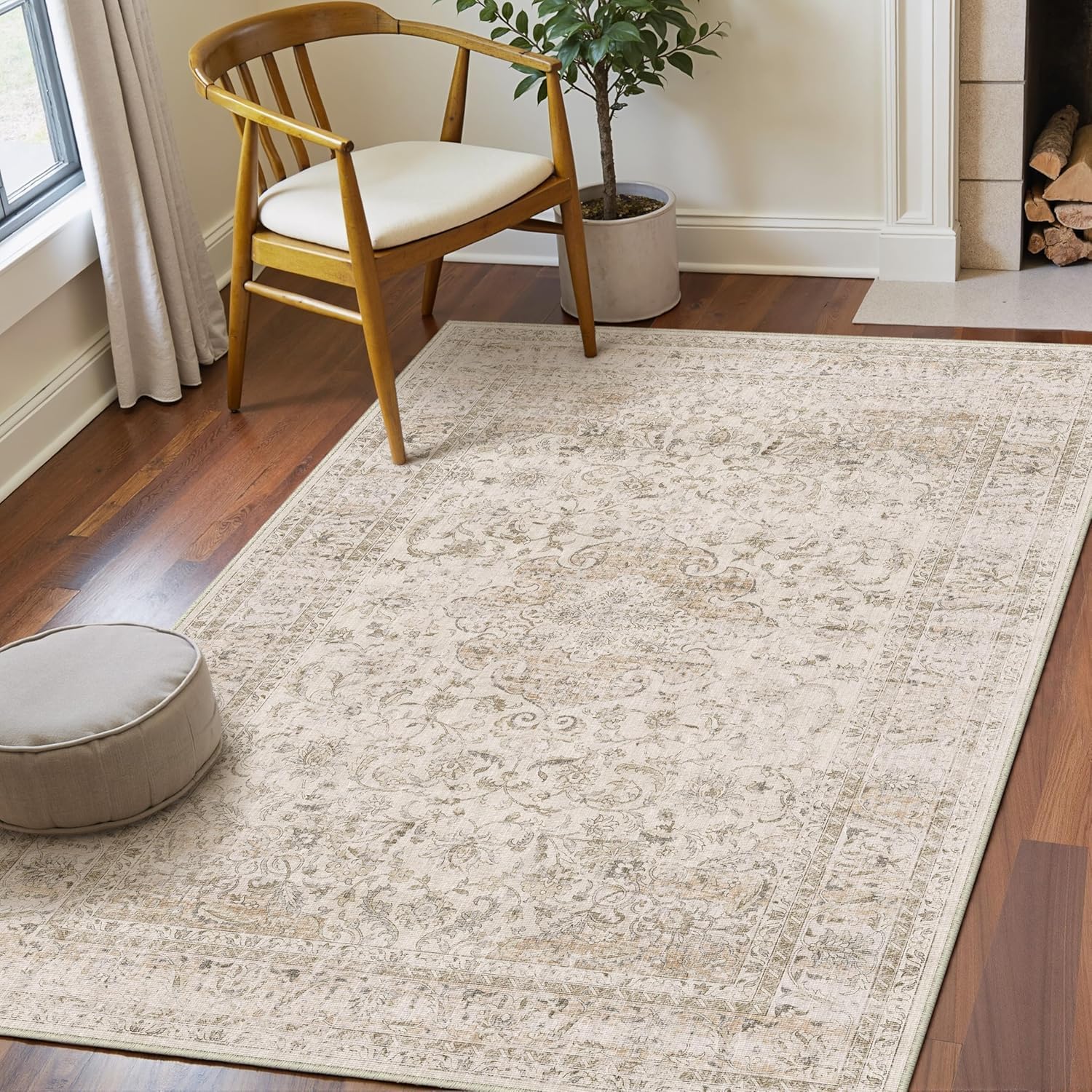 Detalle de HUGEAR Vintage-style Beige Large Area Rug (140x200cm) – non-slip, washable low pile