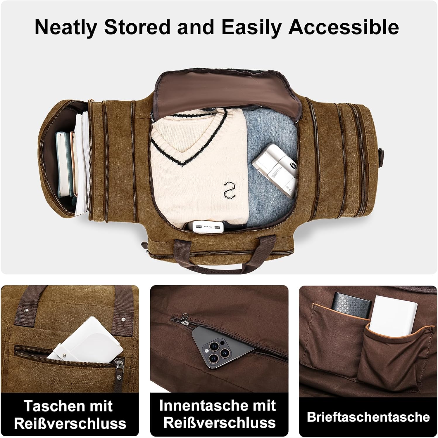 Detalle 2 de Erweiterbare Reisetasche 55L – kompakte Sporttasche aus Baumwoll-Canvas für Reisen, Fitness und Business