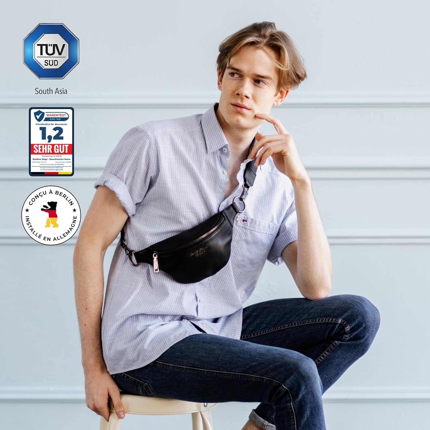 Thumbnail 2 de Berliner Bags Mona banane en cuir avec sangle réglable – noir