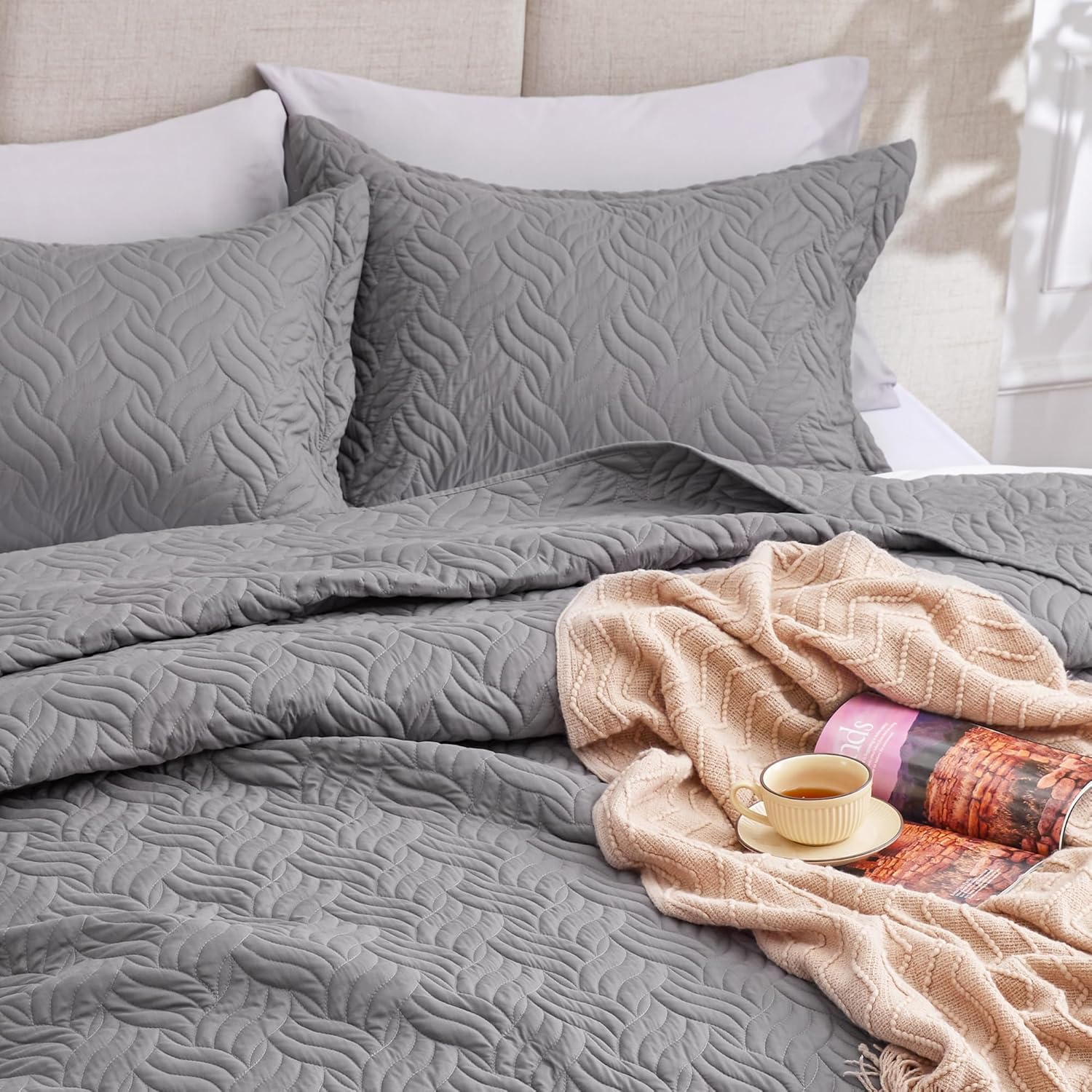 Thumbnail 6 de Love's cabin Queen Quilt Set with Wave Pattern in Gray