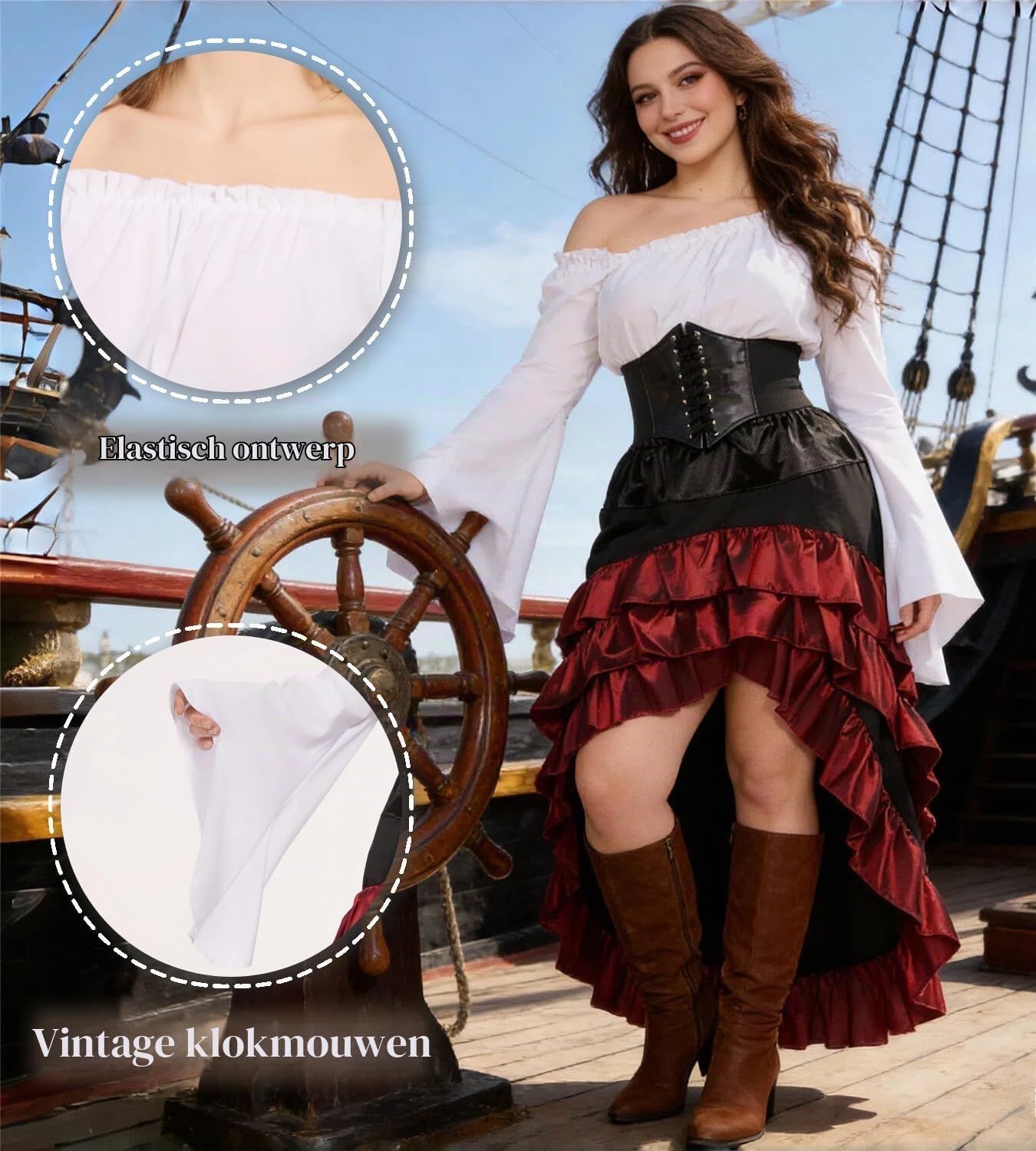 Detalle 2 de Piratenkostuum Dames 3-delig met top, korset en rok voor carnaval
