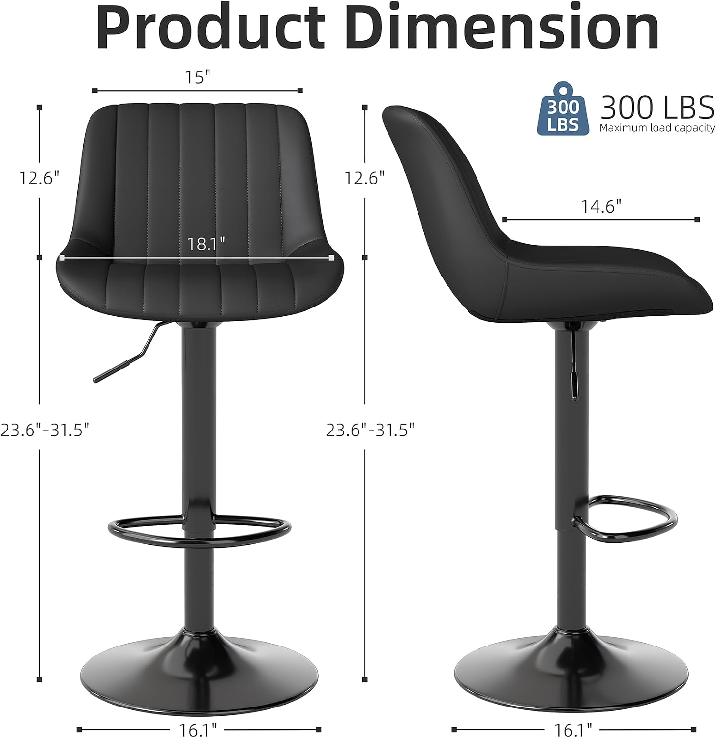 Detalle 2 de Youhauchair Adjustable Faux Leather Bar Stools, Set of 3, Black, Swivel