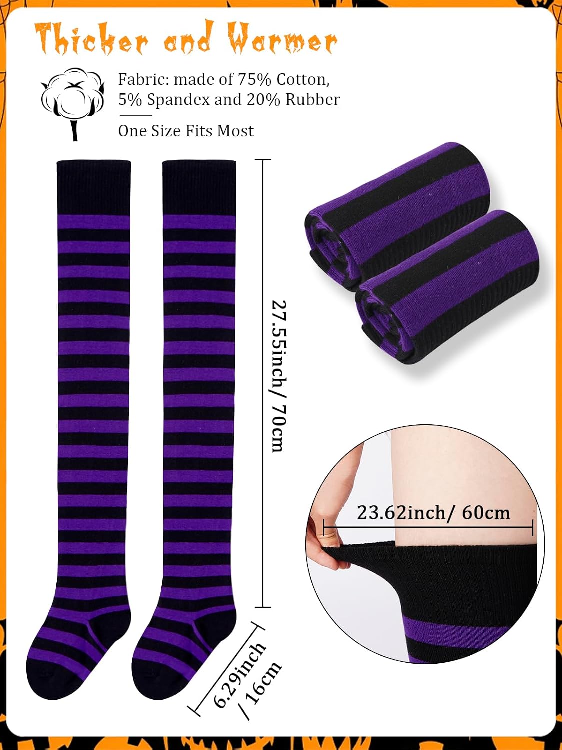 Detalle de Moon Wood Women's Striped Thigh-High Socks, Extra-Long Cotton Blend Knit